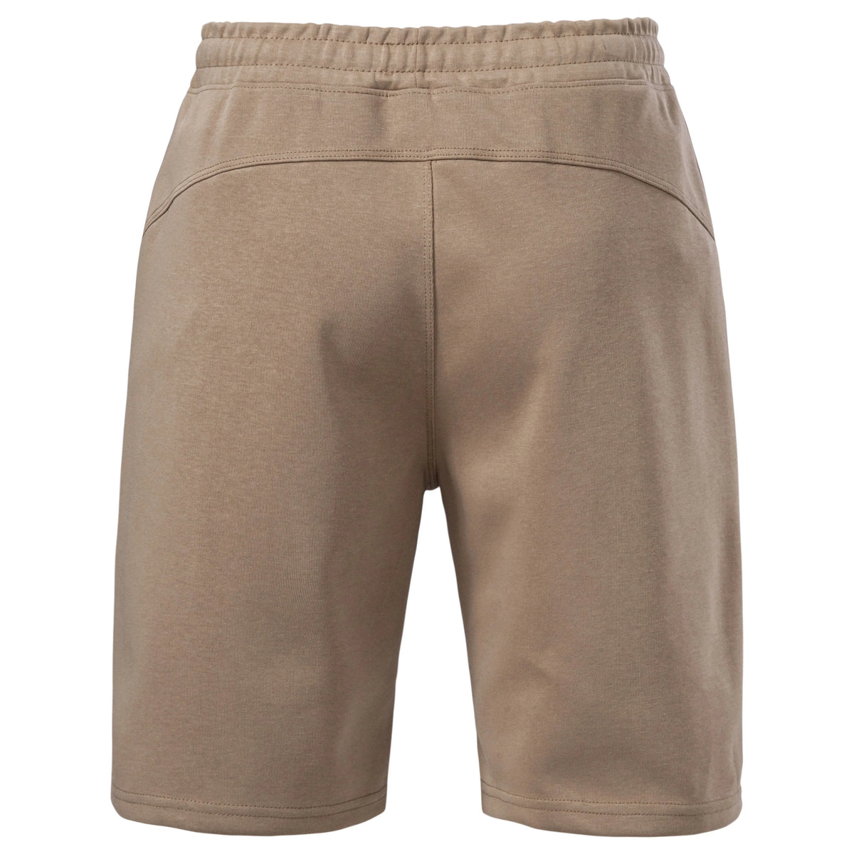 Back view of tan knit shorts with yoke seam and elastic waist
