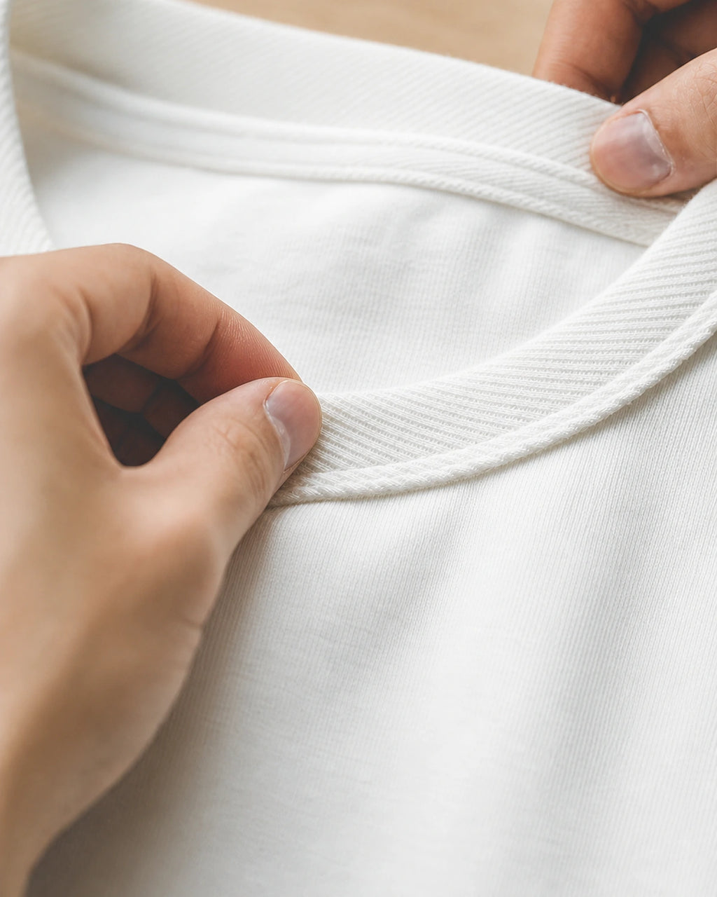 Close-up of the white tee's thick ribbed crew collar