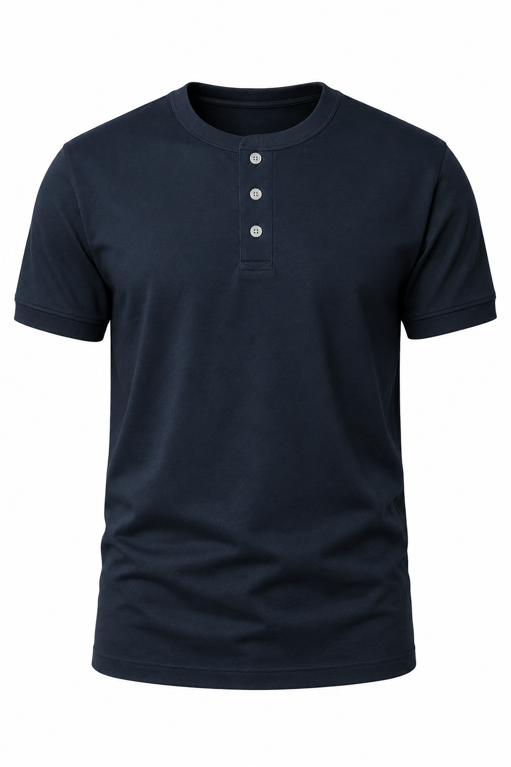 Navy blue men's henley t-shirt with banded cuffs, flat front view