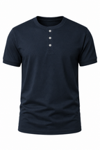 Navy blue men's henley t-shirt with banded cuffs, flat front view