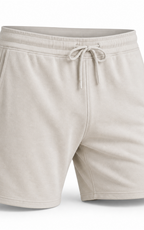 Cream heavyweight knit shorts flat view with drawcord bow