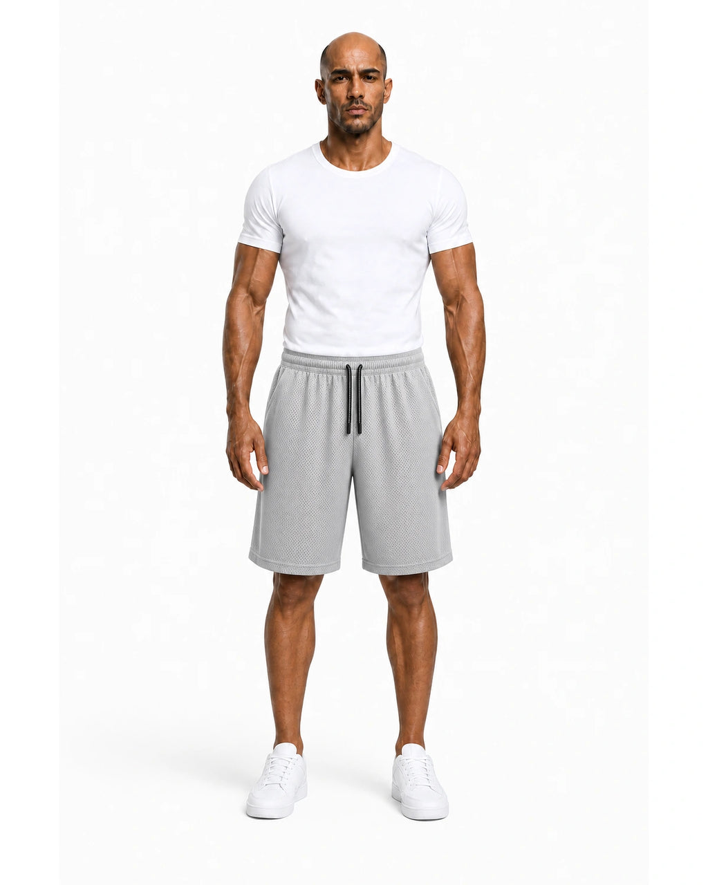 Full front: lead gray mesh shorts with white tee