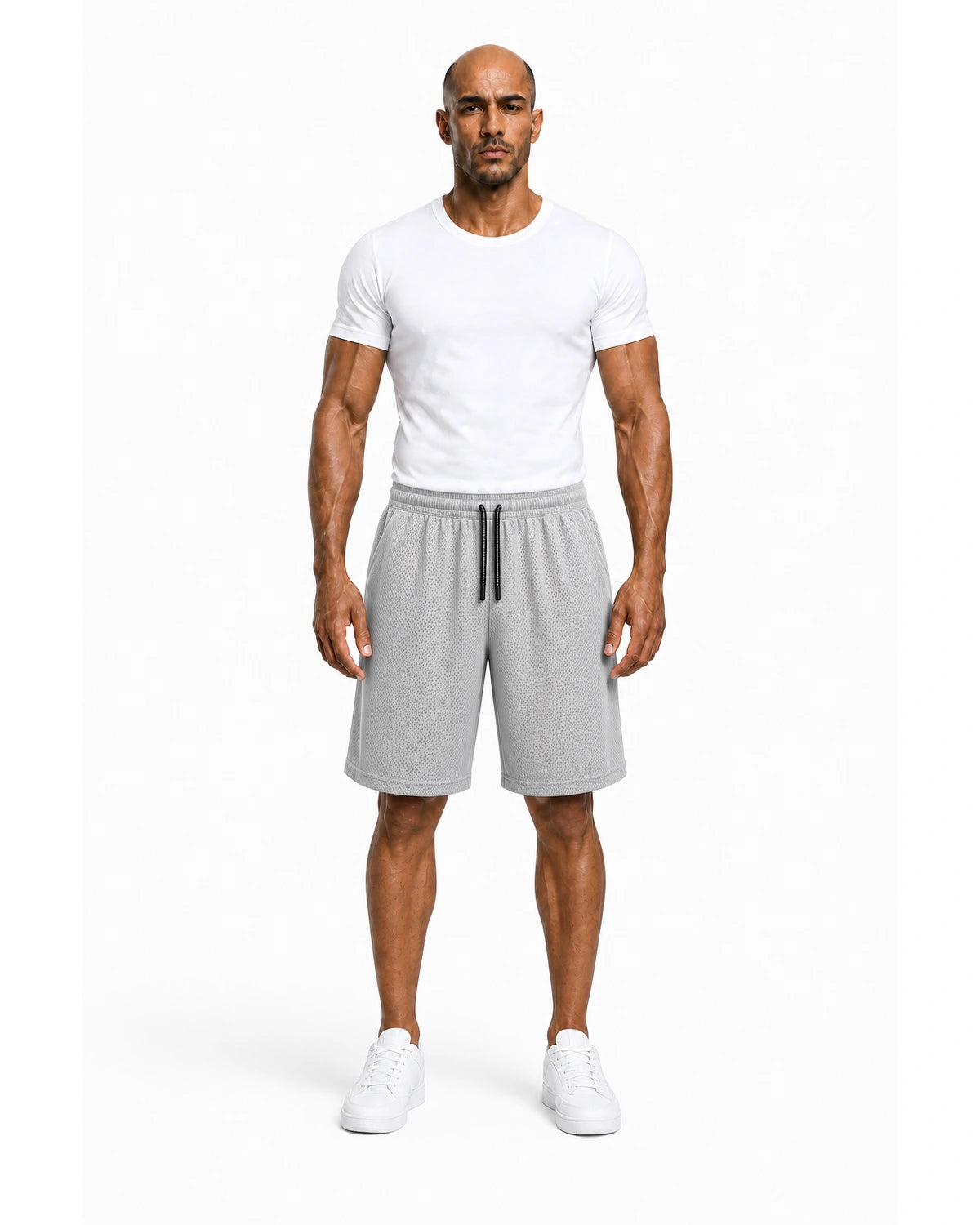 Full front: lead gray mesh shorts with white tee