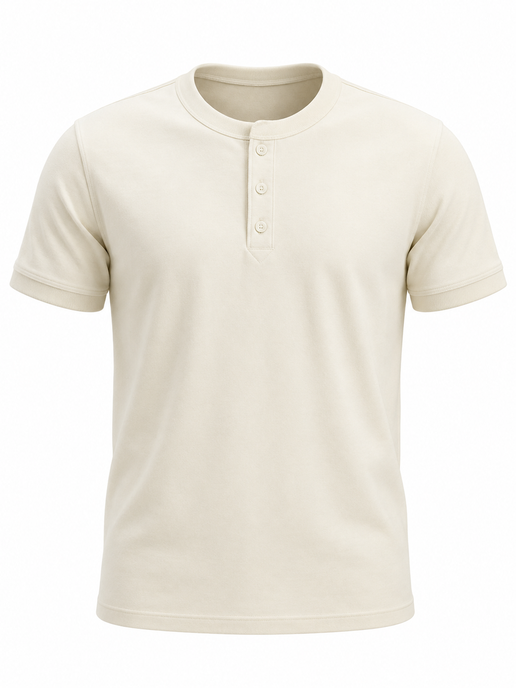 Almond white men's henley t-shirt with banded cuffs, flat front view