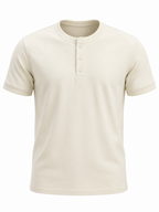 Almond white men's henley t-shirt with banded cuffs, flat front view