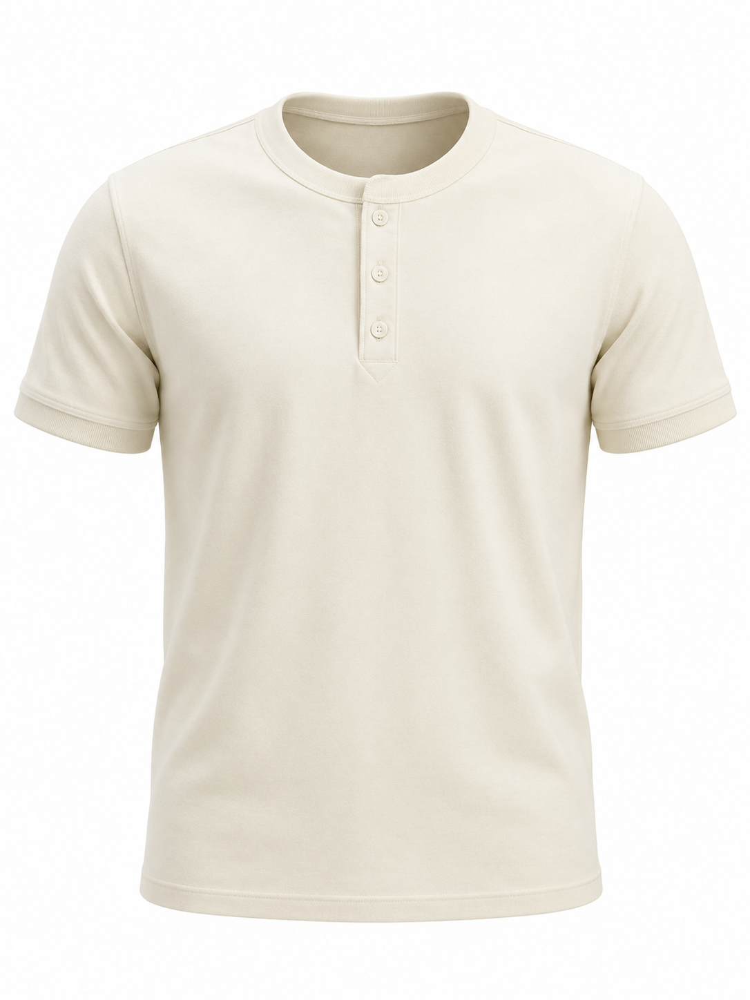 Almond white men's henley t-shirt with banded cuffs, flat front view