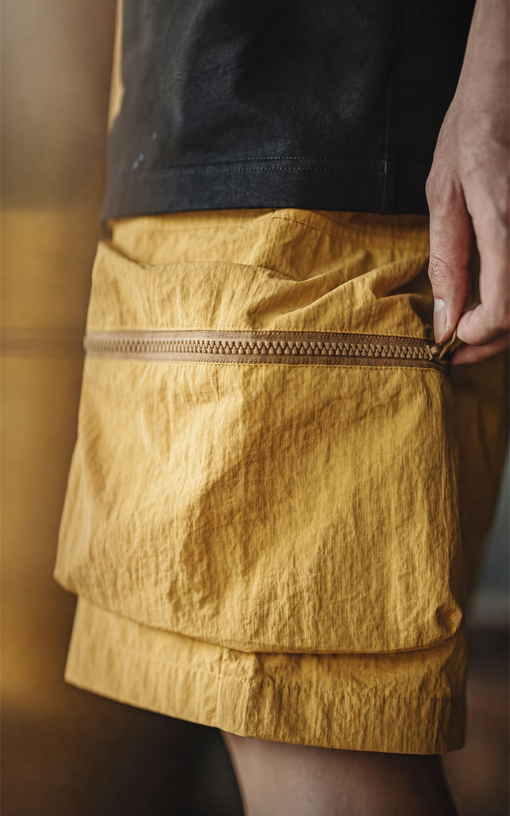 Zip utility pocket detail on men's yellow cargo shorts