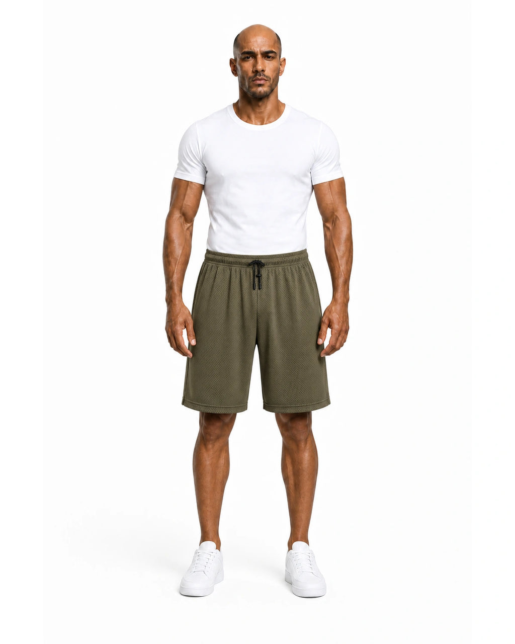 Full front: army green mesh shorts with white tee