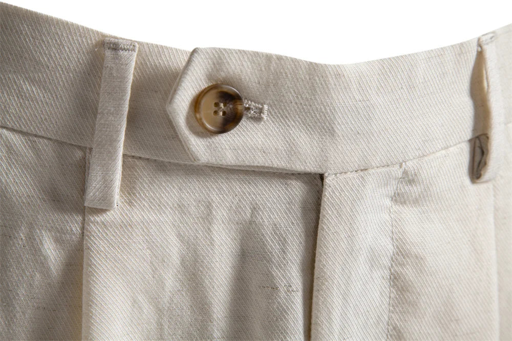 Close-up of extended tab waistband with horn-look button