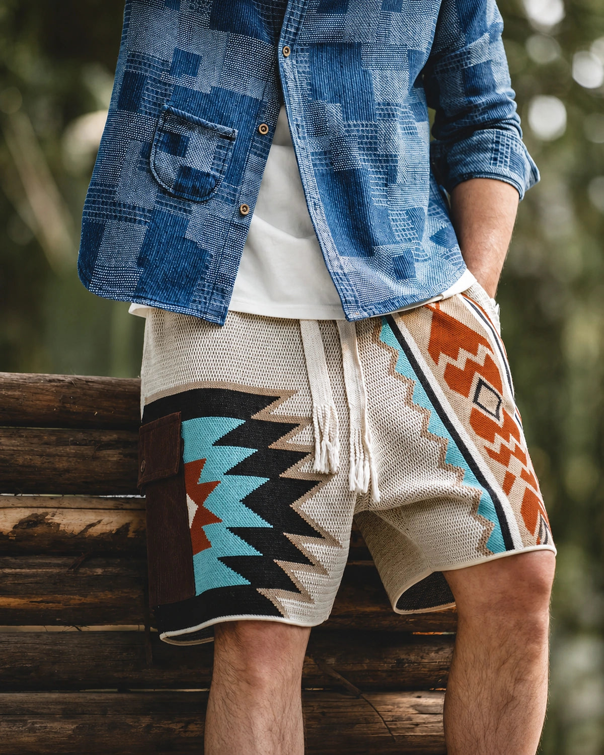 Full look: tapestry shorts with denim overshirt on log wall