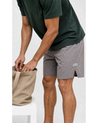 Grey retro shorts, studio look with canvas tote