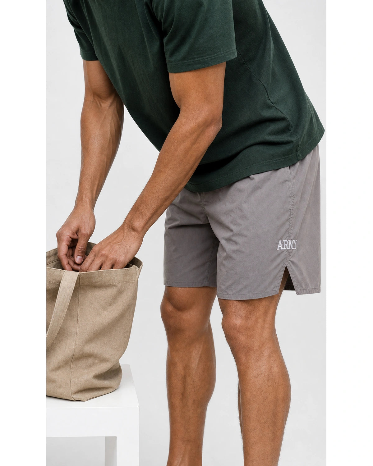 Grey retro shorts, studio look with canvas tote