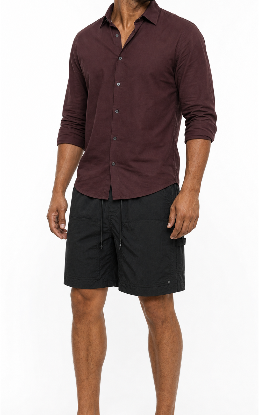 MANLY black carpenter shorts with maroon shirt — full look