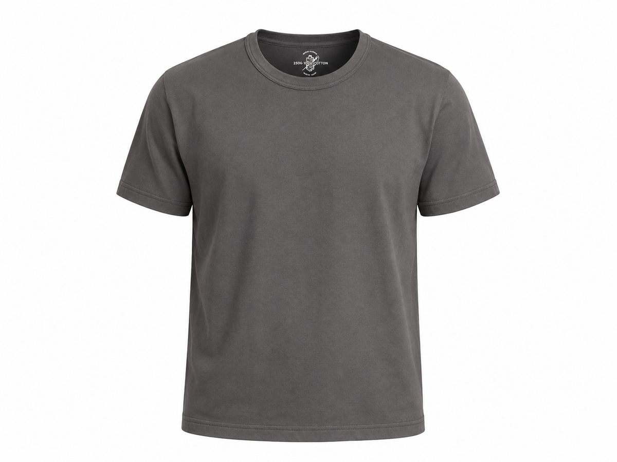 Grey heavyweight cotton t-shirt, flat front view