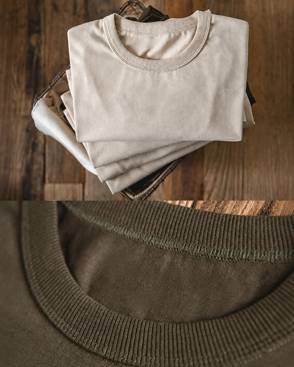 Folded pocket tees and close-up of the thick ribbed collar