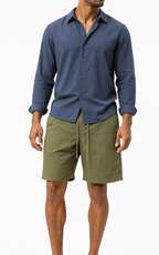 MANLY olive green carpenter shorts with chambray shirt — full look