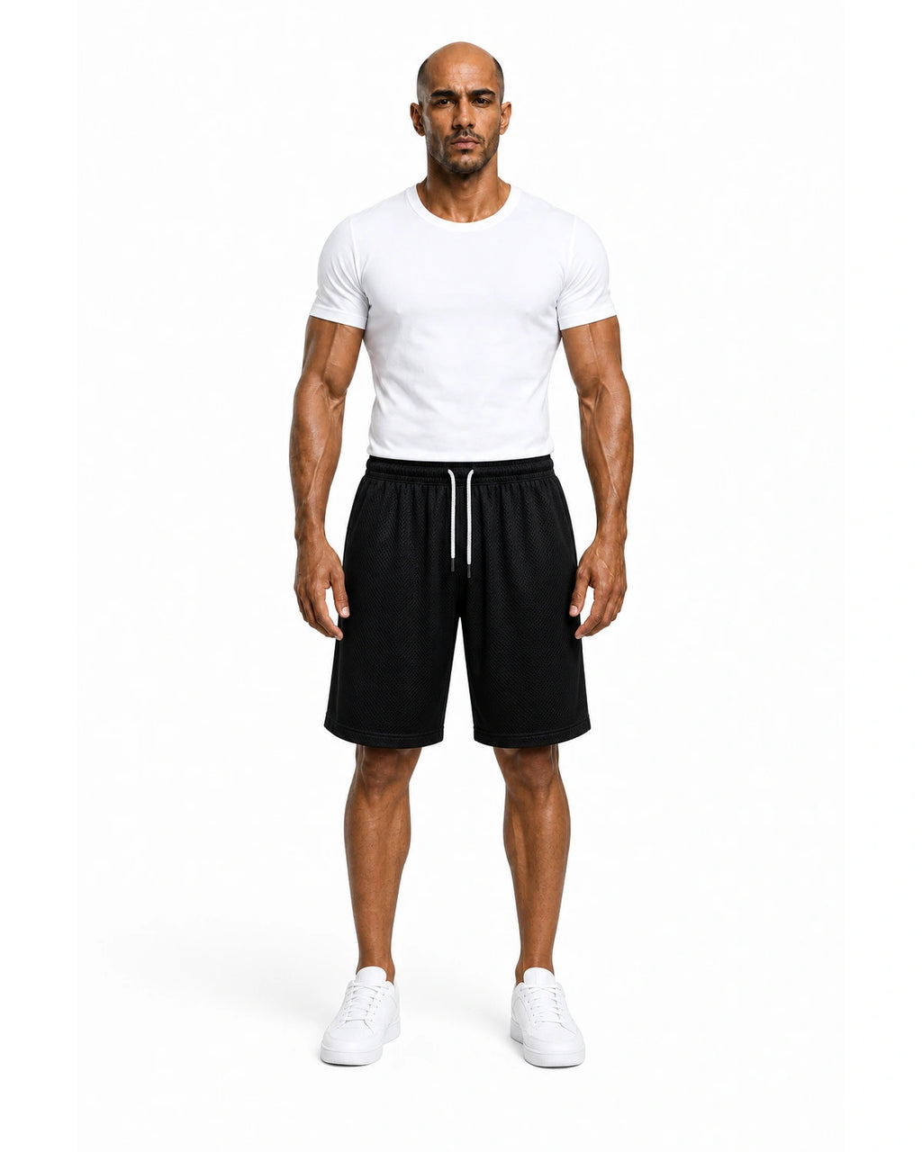 Full front: black mesh shorts with white tee