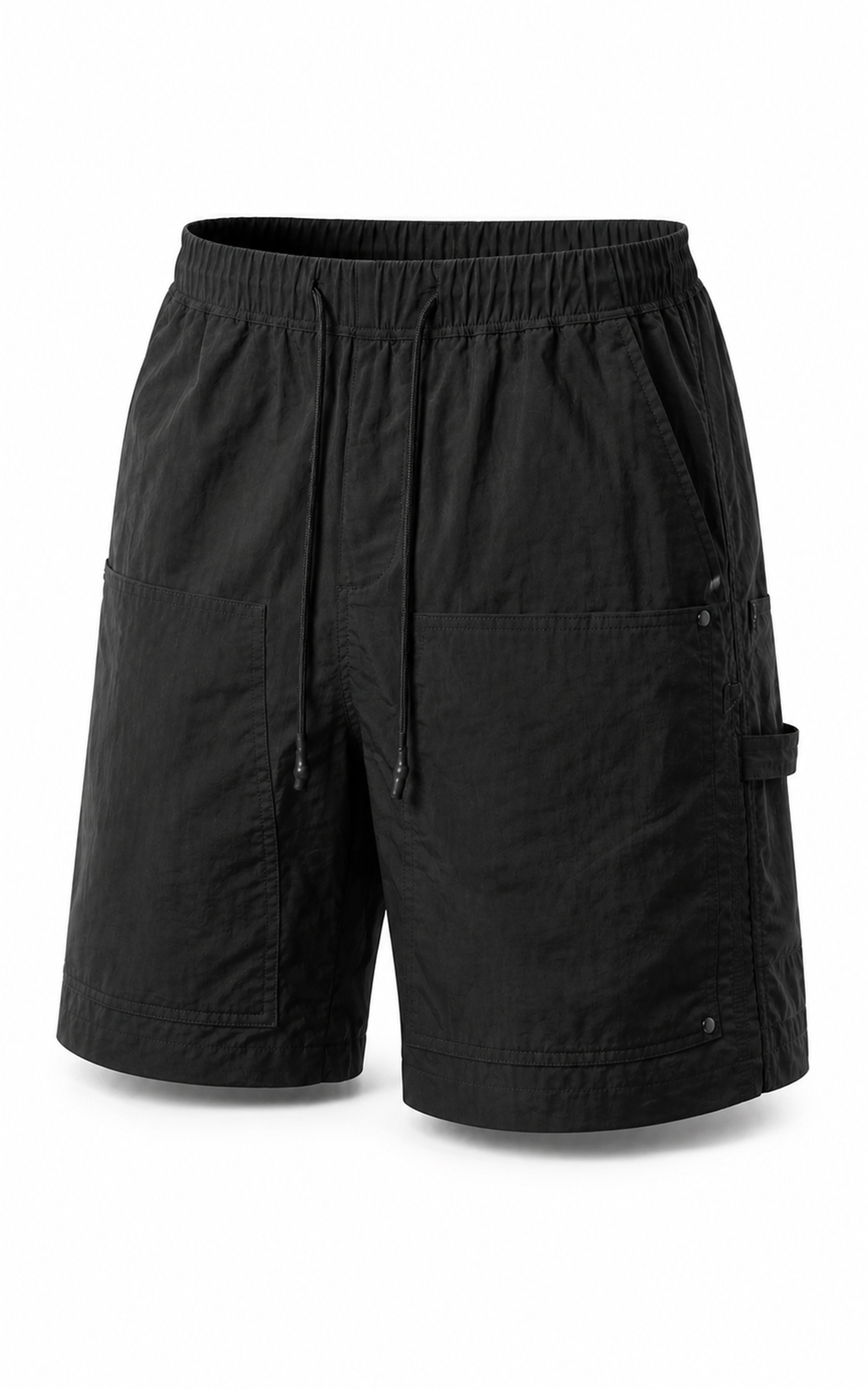Black carpenter shorts — front product shot with rivets and hammer loop