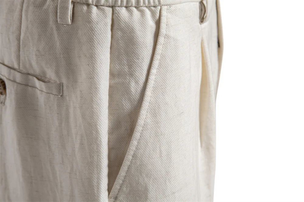 Side detail of slant pocket and buttoned back welt pocket