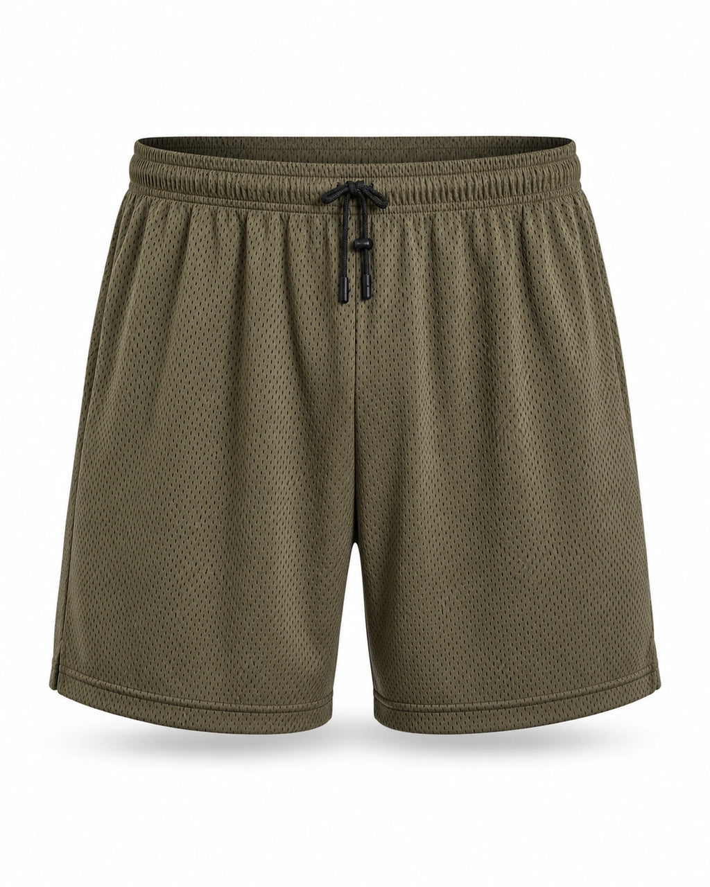 MANLY army green mesh shorts — front product shot