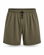 MANLY army green mesh shorts — front product shot