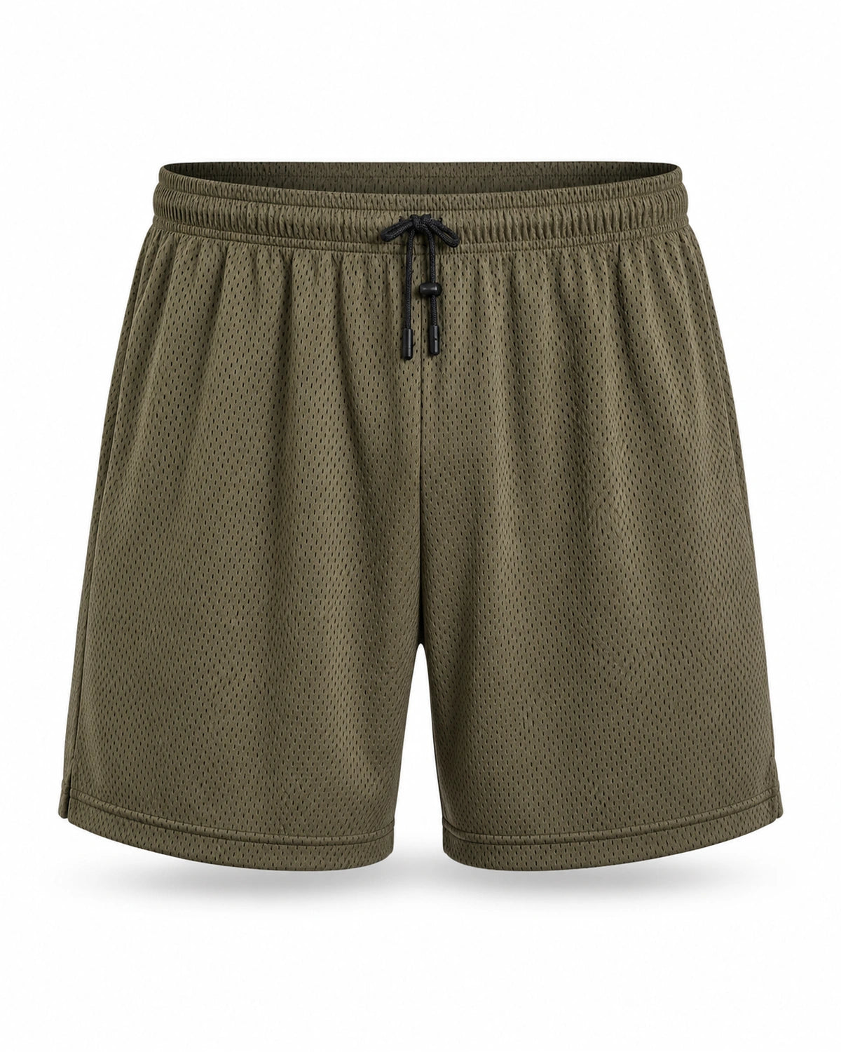 MANLY army green mesh shorts — front product shot