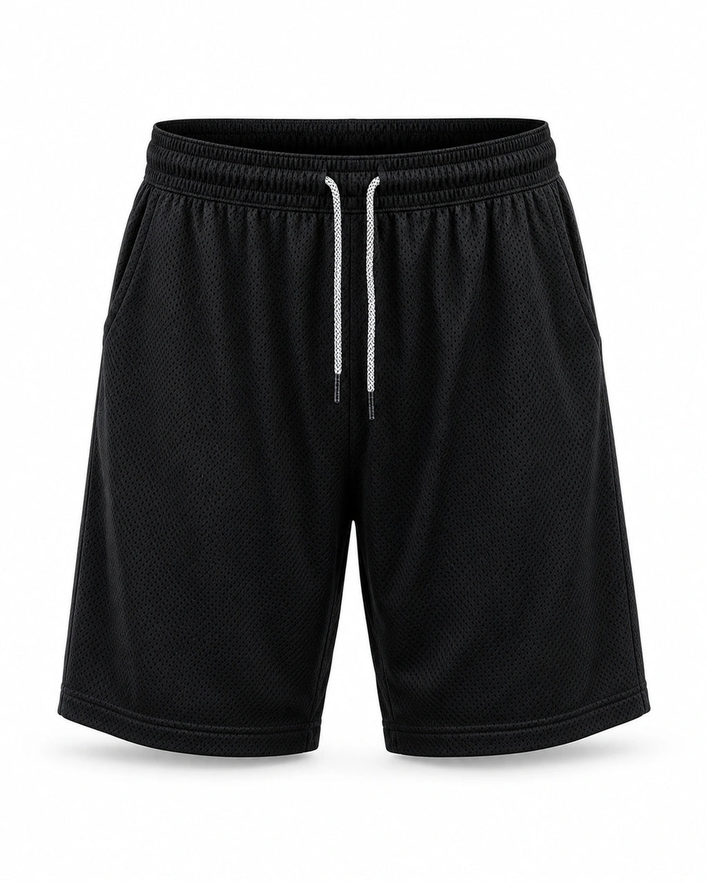 MANLY charcoal black mesh shorts — front product shot