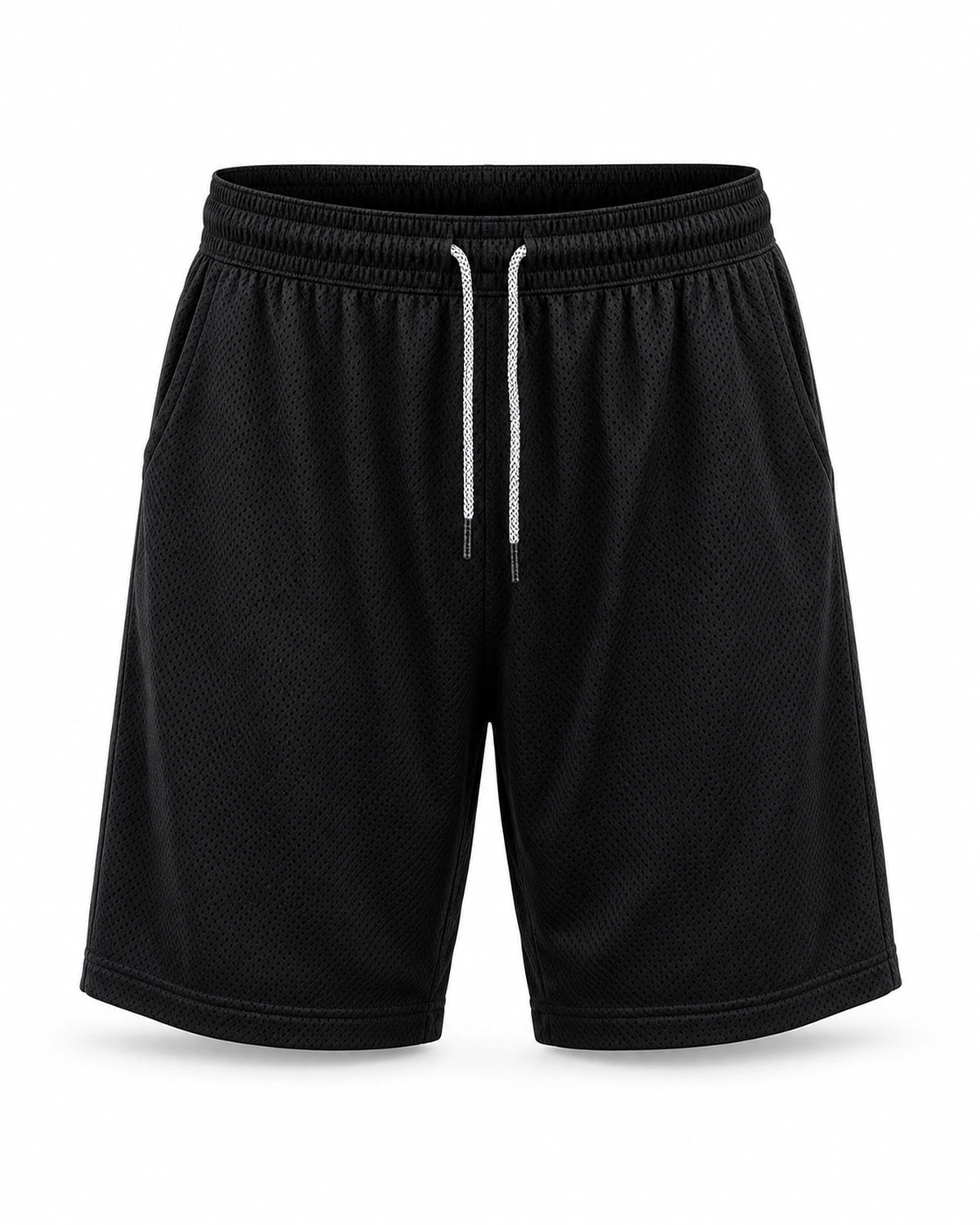 MANLY charcoal black mesh shorts — front product shot