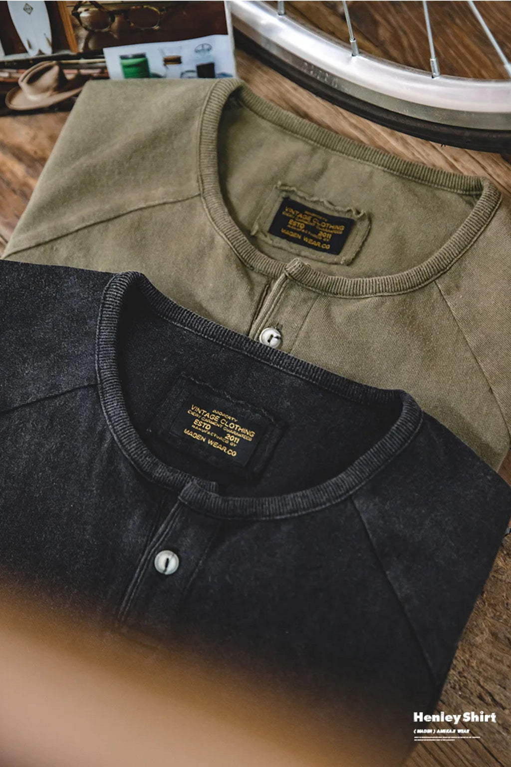 Close-up of the washed henley's placket and collar detail