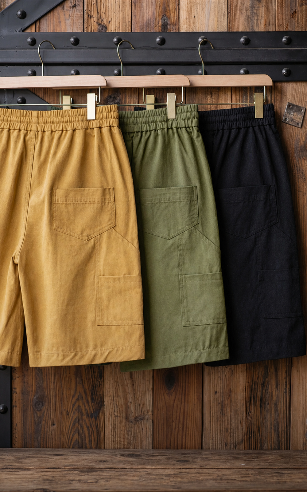 All three colorways hanging: canvas yellow, olive, black — back view