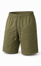 Olive green carpenter shorts — front product shot