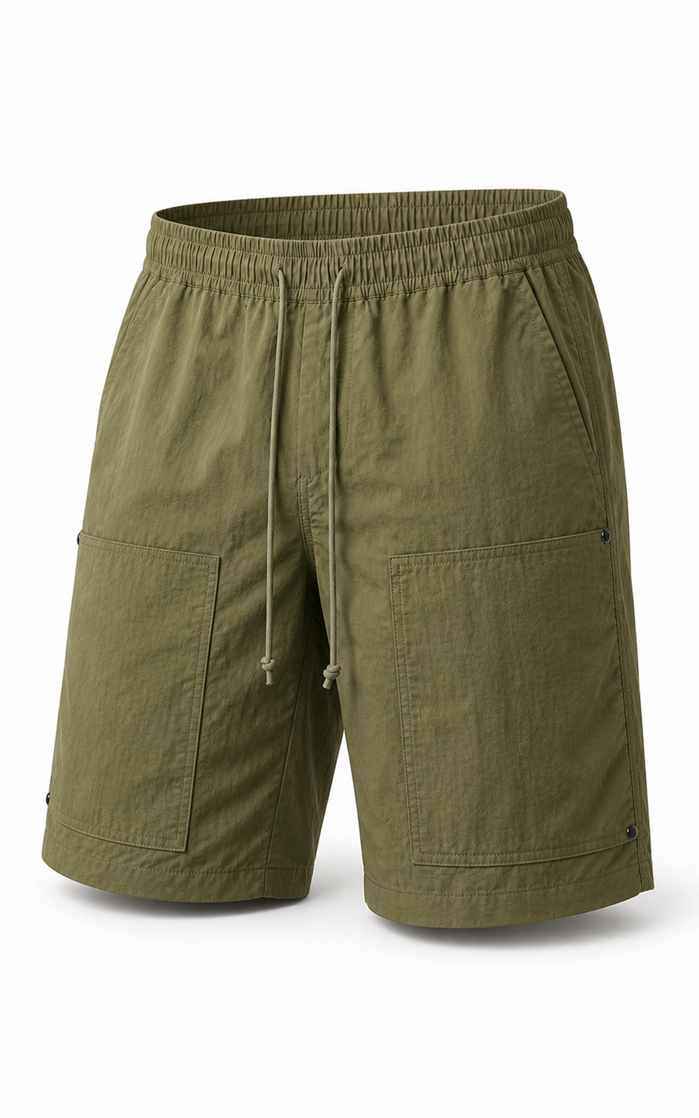 Olive green carpenter shorts — front product shot