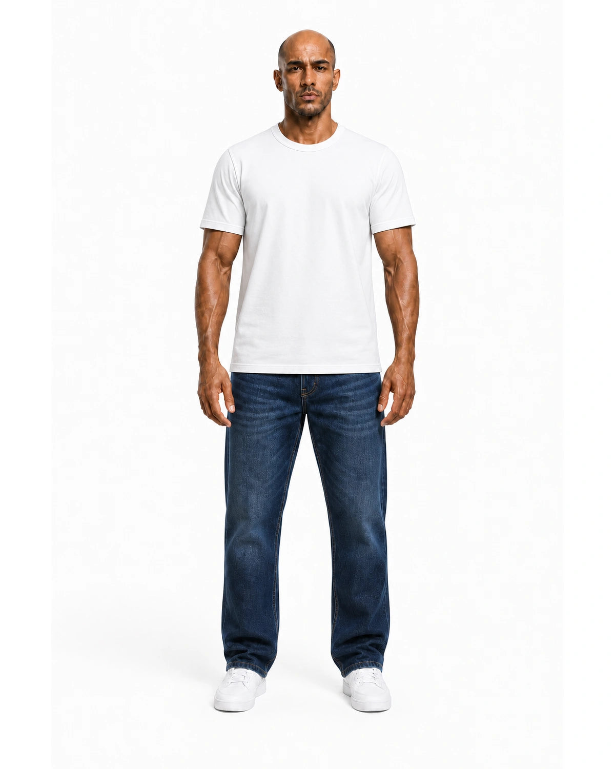 Man wearing the white heavyweight tee with blue jeans, full view
