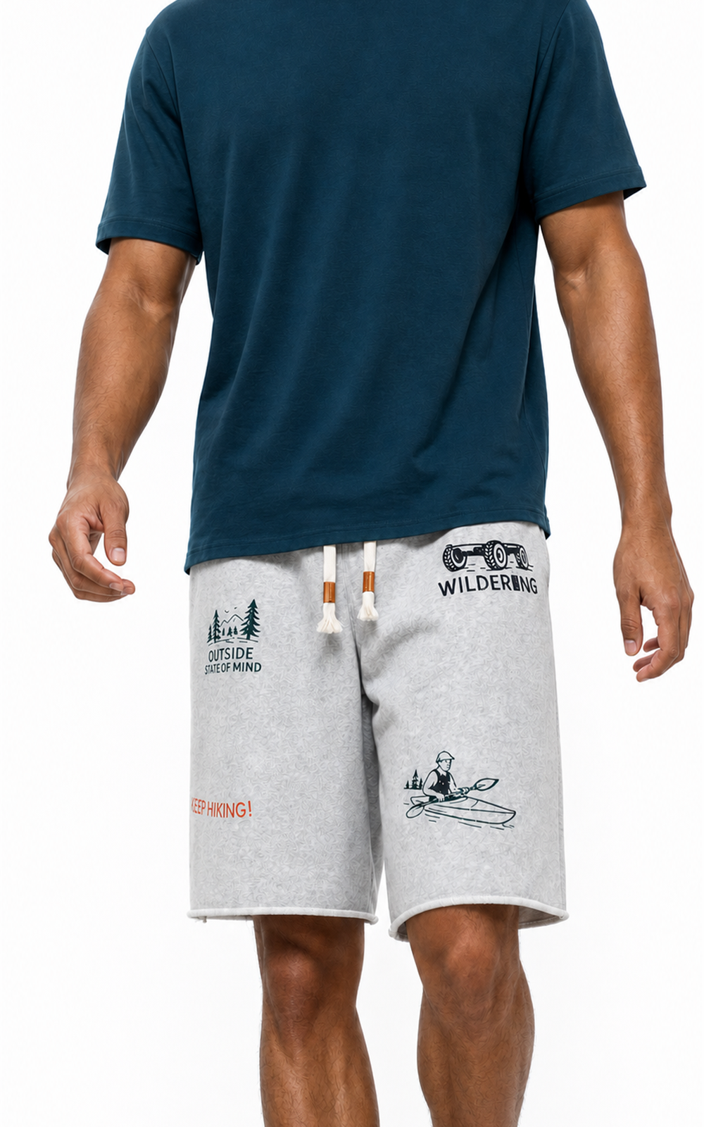 Full front view: grey printed sweat shorts with blue tee