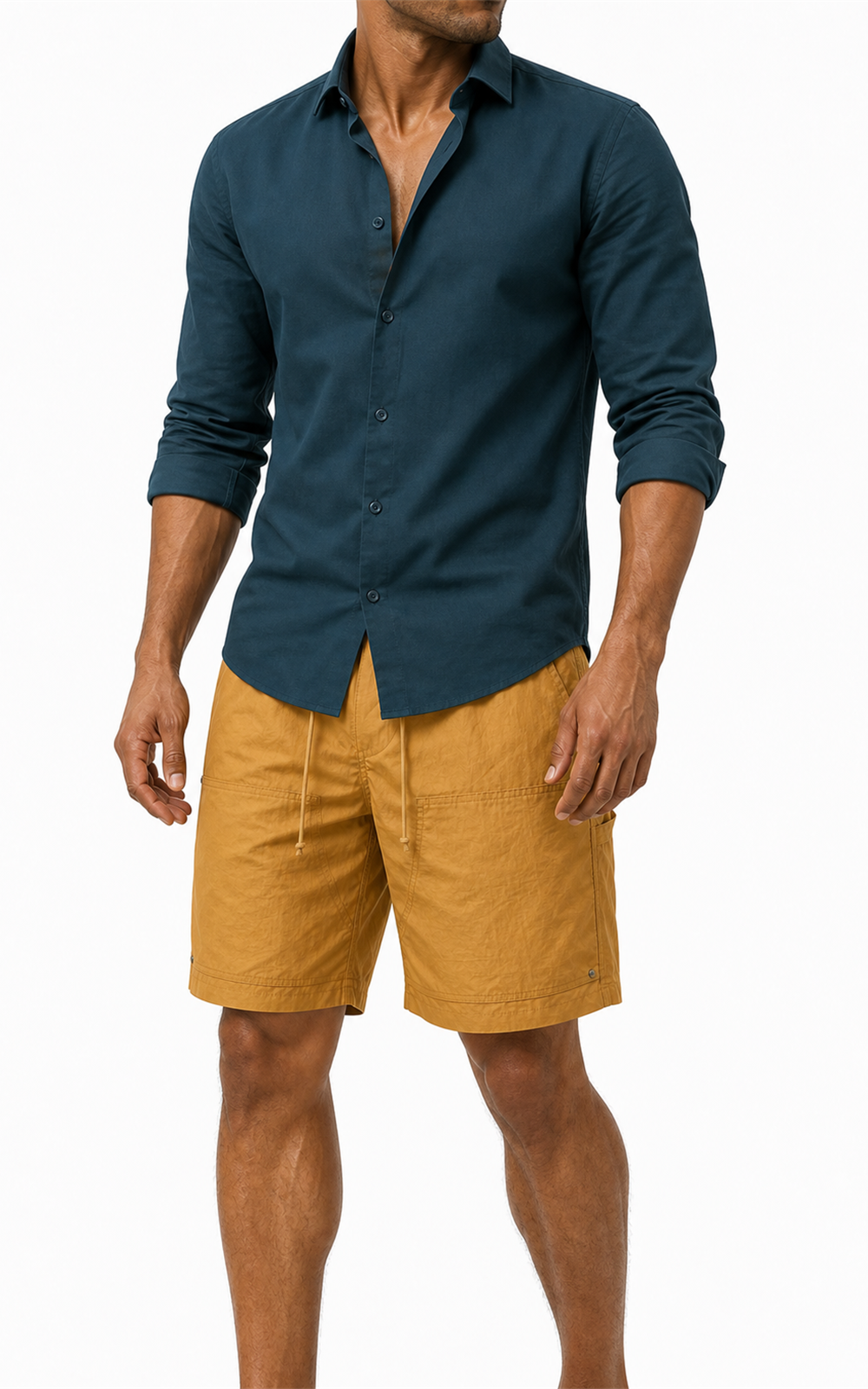 MANLY carpenter shorts in canvas yellow with teal shirt — full look