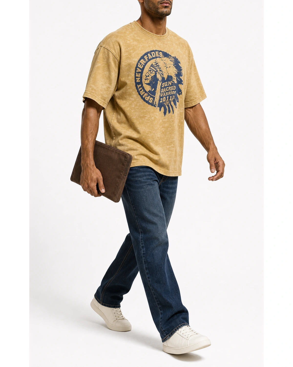 Man wearing the washed mustard amekaji tee with blue jeans, full view