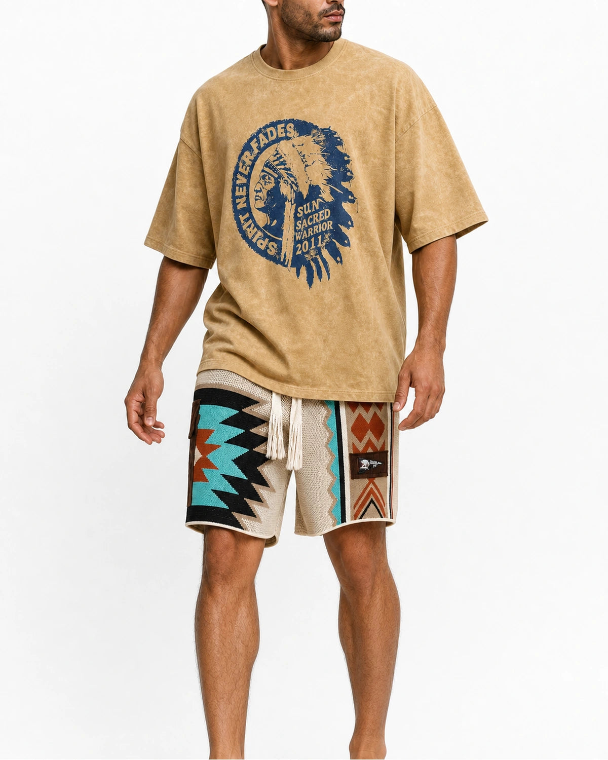 MANLY tapestry knit shorts with washed tan graphic tee — full front