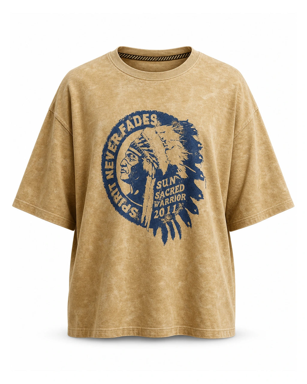 Washed mustard t-shirt with vintage Americana print, invisible mannequin front view