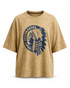 Washed mustard t-shirt with vintage Americana print, invisible mannequin front view