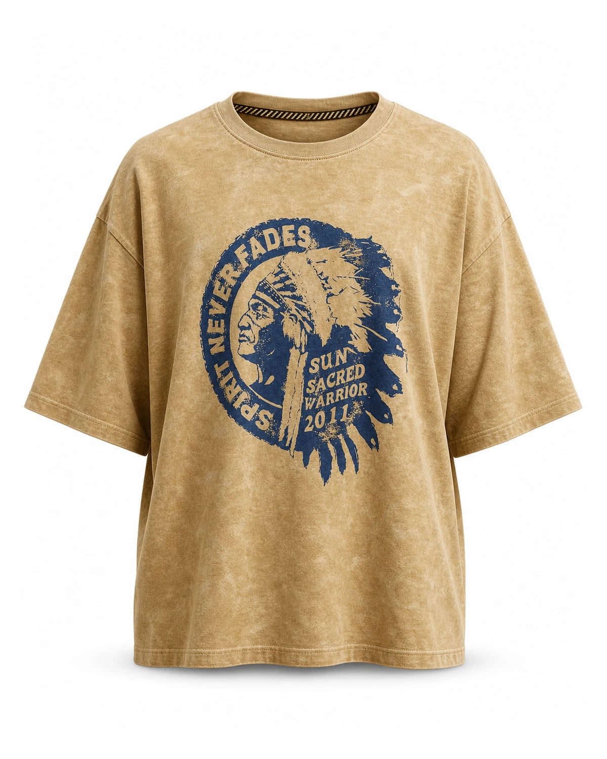 Washed mustard t-shirt with vintage Americana print, invisible mannequin front view
