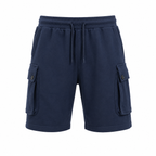 MANLY navy cargo sweat shorts — front product shot