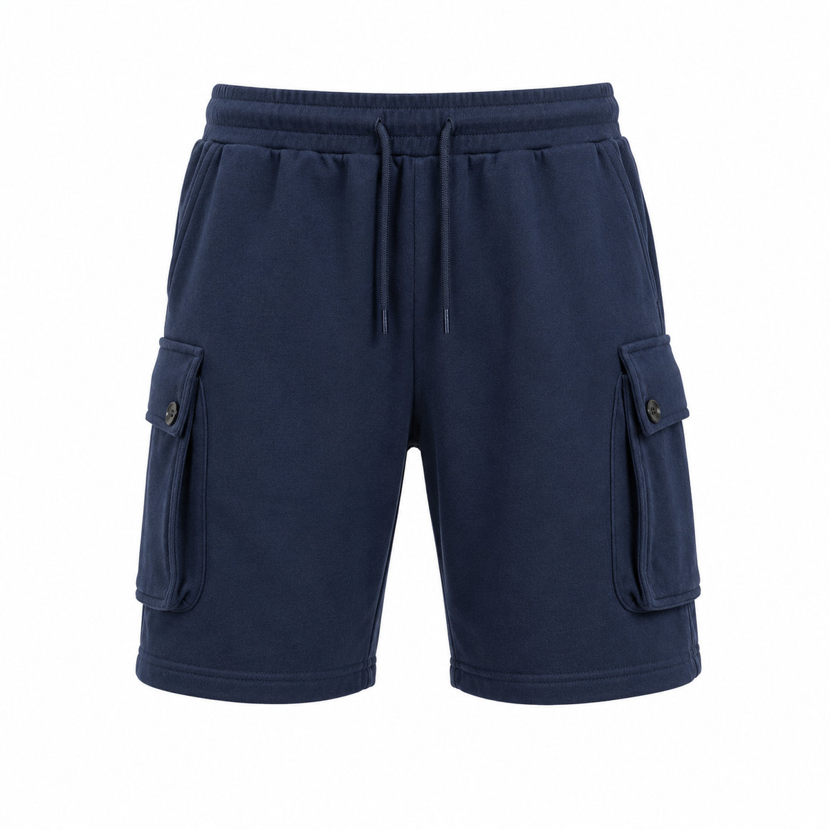 MANLY navy cargo sweat shorts — front product shot