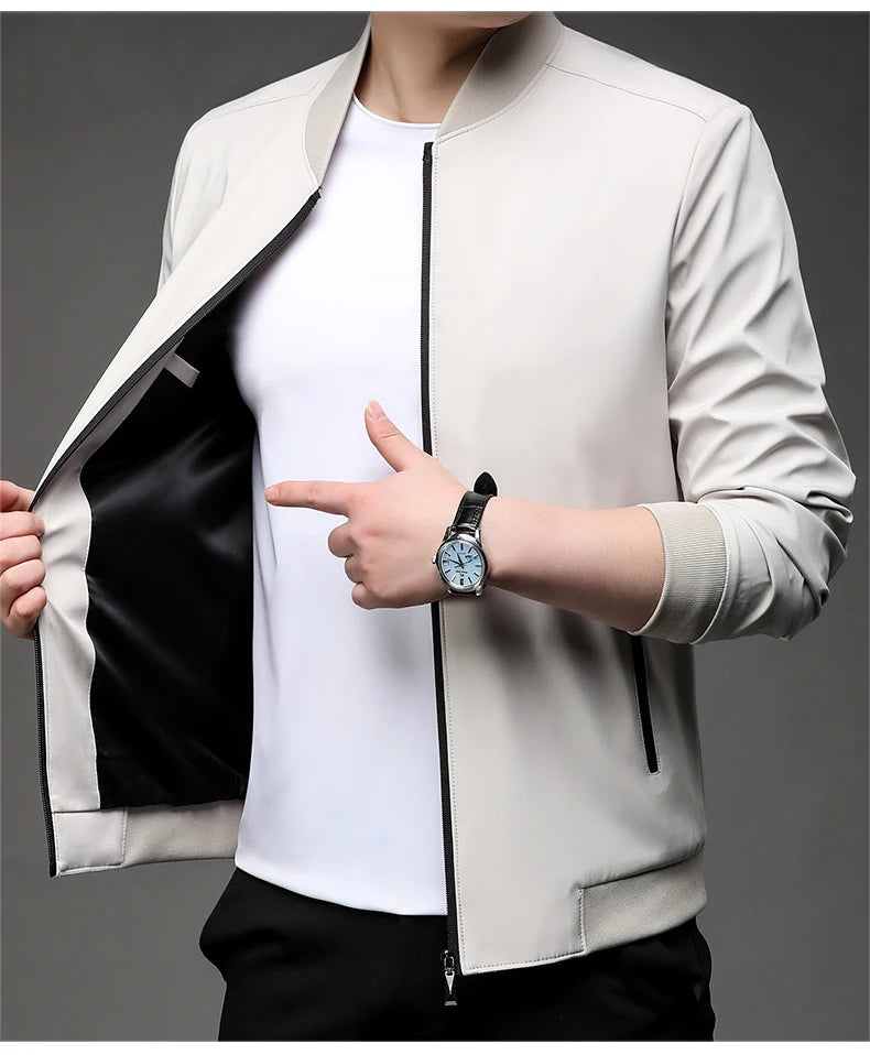 Off-white men's baseball collar jacket worn open over a white tee, showing the dark lining