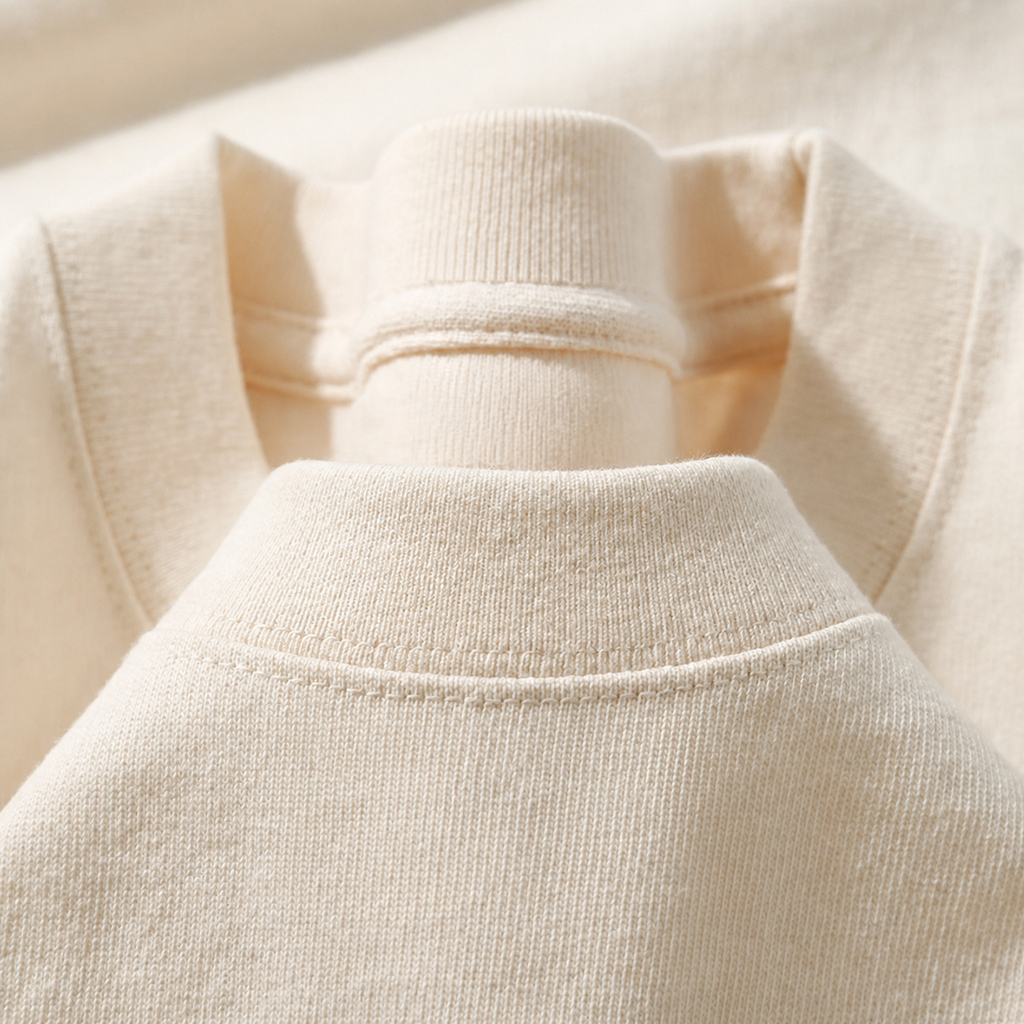 Close-up of the crew neckline on the Men's Plain Heavyweight Tee in Apricot