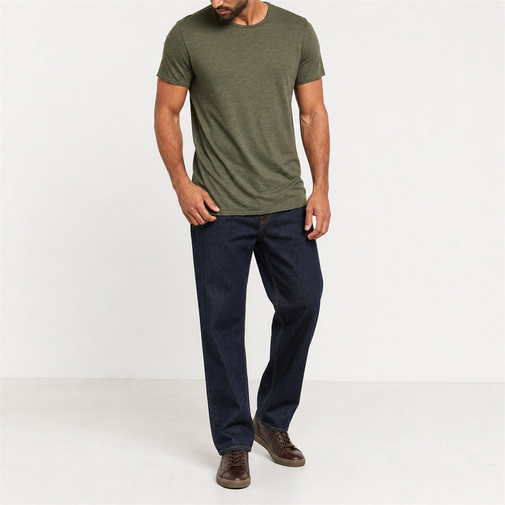 Man wearing the army green textured crew neck t-shirt with dark trousers