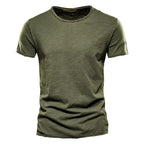 Army green men's crew neck t-shirt in slub-textured knit, front view