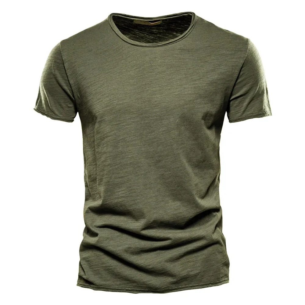 Army green men's crew neck t-shirt in slub-textured knit, front view