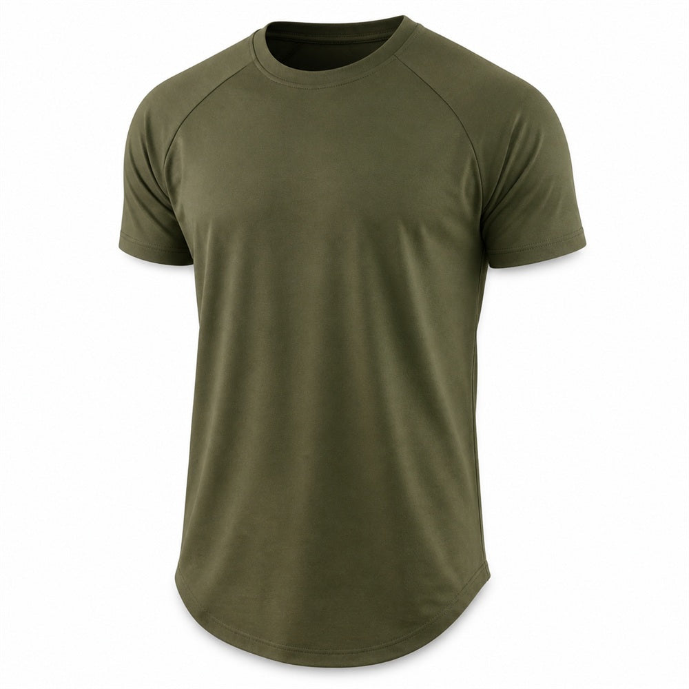 Army green gym t-shirt with curved hem, front view