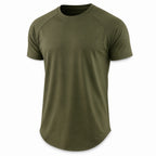 Army green gym t-shirt with curved hem, front view
