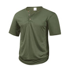 Army green lightweight henley with curved hem, front view